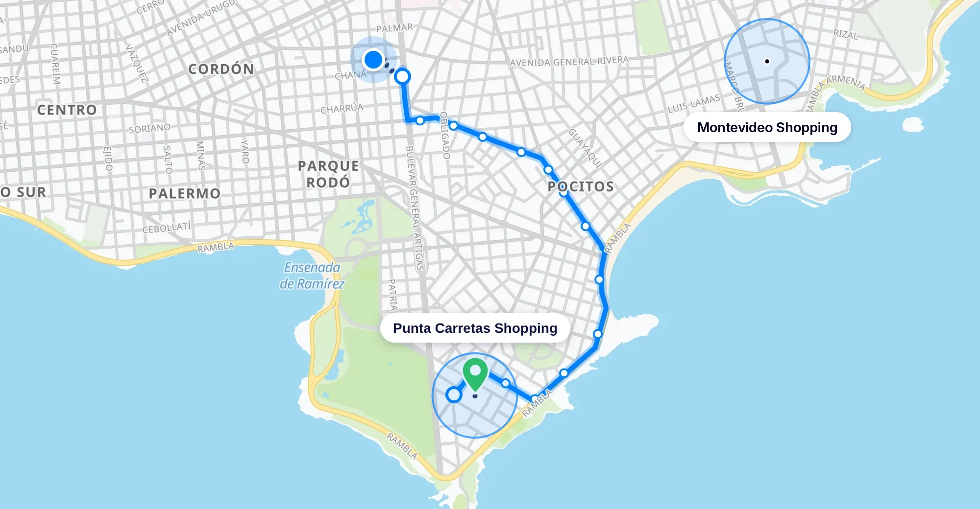Mapa de un viaje real en la línea 121 hasta Punta Carretas Shopping: una caminata corta hasta la parada, el recorrido del ómnibus por Pocitos y la Rambla, y el destino marcado con un pin verde. Dos círculos marcan el circuito Shoppings: Punta Carretas Shopping y Montevideo Shopping.